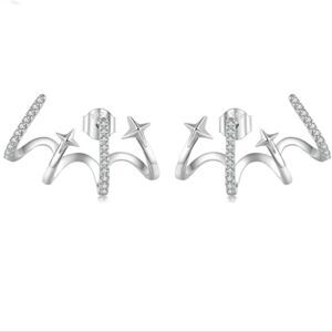 Platinum Plated Shooting Stars Earring Stud Cuff CZ